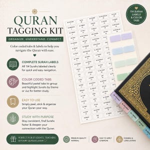 Qur’an Tagging Kit – 114 Surah Index Tabs | DIY Sticker Set for Muslims
