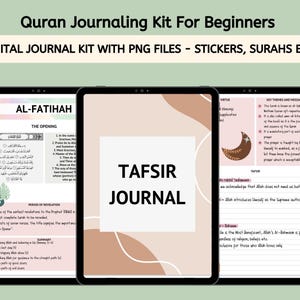 Puede incluir: Kit de diario digital imprimible para principiantes para aprender sobre el Corán. El kit incluye una página con el primer capítulo del Corán, Al-Fatihah, y una página para llevar un diario sobre el significado de los versículos. Las páginas están decoradas con una luna creciente y un diseño de hojas.