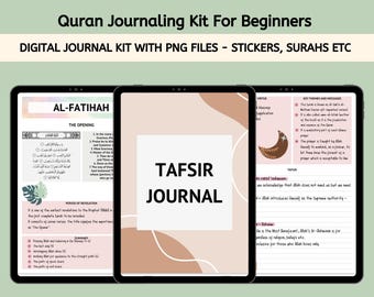 May include: Digital printable journal kit for beginners to learn about the Quran. The kit includes a page with the first chapter of the Quran, Al-Fatihah, and a page for journaling about the meaning of the verses. The pages are decorated with a crescent moon and a leafy design.