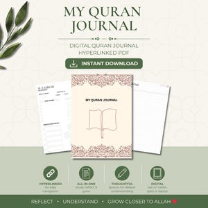 Könnte beinhalten: Ein digitales Koran-Journal mit dem Titel "MY QURAN JOURNAL" und einem dekorativen Rand. Das Bild zeigt das Journal mit offenen Seiten und zusätzlichen Notizseiten. Das Journal ist für einfache Navigation und tieferes Verständnis konzipiert. Der Text "INSTANT DOWNLOAD" ist ebenfalls sichtbar.