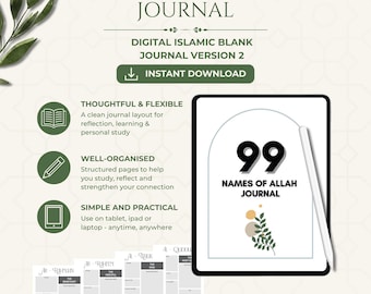 May include: Digital Islamic journal titled "99 Names of Allah Journal." The cover features the number 99 in bold black font, with the title below. The journal is designed for reflection, learning, and personal study, and is available for instant download.