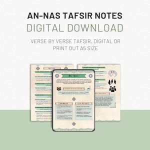 Könnte beinhalten: Digitaler Download von An-Nas Tafsir-Notizen. Das Bild zeigt ein Tablet und zwei Ausdrucke mit detaillierten Notizen zum Tafsir, einschließlich wichtiger Punkte und Zusammenfassungen. Der Text enthält "Digitaler Download" und "A5-Größe ausdrucken."