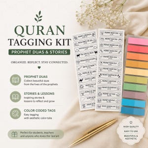 Kit di adesivi per lo studio del Corano con segnalibri per le pagine: icone minimaliste per una facile navigazione e riflessione.