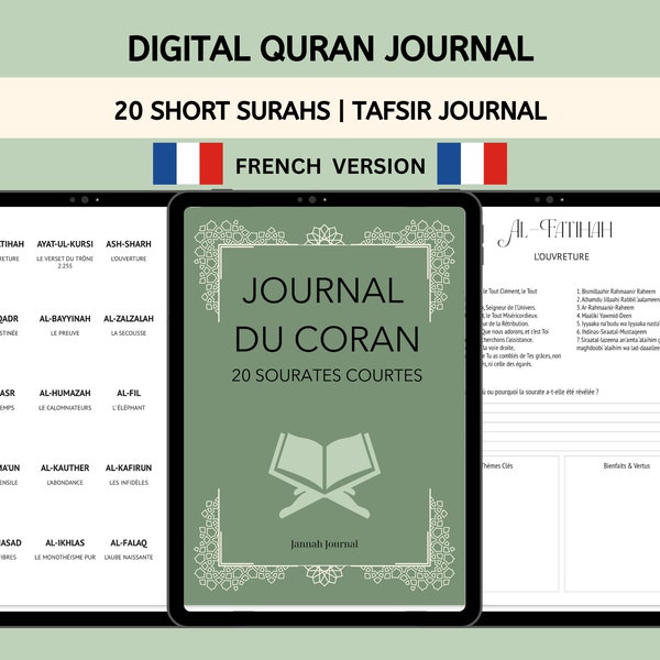 Digital Quran Journal in French | Journal Numérique Du Coran | 20 Short Surahs | Tafsir Journal | Muslim Digital Planner