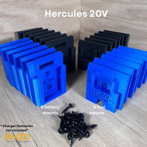 May include: Blue and black Hercules 20V tool and battery mounts. The image shows six blue battery mounts and six black tool mounts, with a pile of black screws. Text on the mounts reads "HC20V ENZO3D".