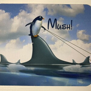Penguin riding a shark like a boss