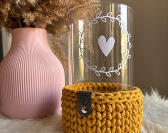 Windlicht Häkelkorb Häkelwindlicht | moderne Wohndekoration | Scandi Home | personalisiertes Kerzenglas Blockkerze | Teelichtglas