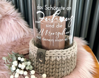 Windlicht Häkelwindlicht mit Spruch | Häkelkorb Vintage Home | moderne Deko | Geschenk für Sie Ihn | Frühling | Familie