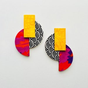 Colorful Power Clash Earrings, Bold Textile Earrings, Fabric jewelry, Vibrant wearable art, Statement jewelry, Urban Collars