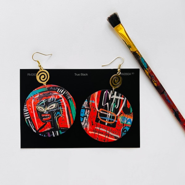 Jean Michele-Basquiat Artist Earrings, Art Earrings, Fabric jewelry, Vibrant wearable art, Statement jewelry, Urban Collars