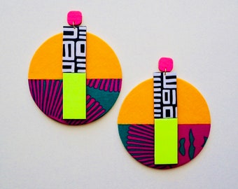 Power Clash Textile Earrings, Colorful Oversized Earrings, Fabric jewelry, Vibrant wearable art, Statement jewelry, Multi-Printed