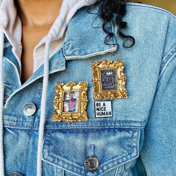 Iconic Artist Mini Frame Brooches, Wearable Art Pins, Framed Art Paintings, Handmade Brooch, Urban Collars