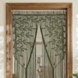 Olive Green Macrame Leaf Curtain, Boho Botanical Wall Tapestry, Room Divider, Cotton Fiber Art