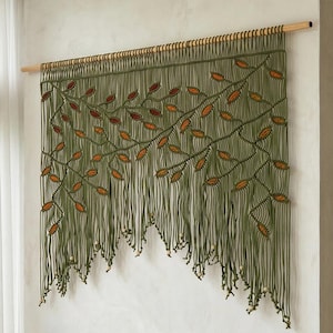 Olive Green Macrame Curtain, Botanical Leaf Boho Wall Decor, Cotton Tapestry Valance