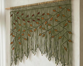 Olive Green Macrame Curtain, Botanical Leaf Boho Wall Decor, Cotton Tapestry Valance