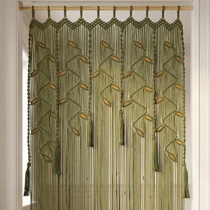 Olive Green and Latte Macrame Doorway Curtain, Two Tone Leaf Room Divider, Earthy Split Panel Boho Drape