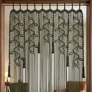Macrame Curtain Blind, Dark Green Leaf Valance, Bohemian Door Divider