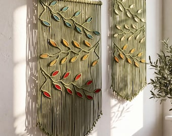 Large Olive Green Flag Macrame Leaf Wall Hanging, Boho Farmhouse Cotton Fiber Art Decor