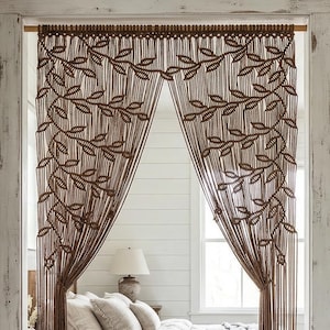Cortina de macramé marrón espresso para puerta, separador de ambientes con estampado de hojas, tapiz de arte textil bohemio.