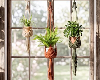 Hand-Knotted Macrame Plant Hanger, Boho Tassel Planter Holder, Cotton Rope Garden Decor