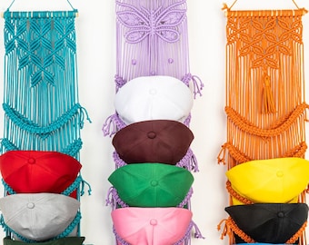 Macrame Hat Hanger, Boho Vertical Cap Organizer, Cotton Cord Wall Art, Butterfly Design