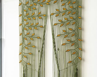 Olive Green Macrame Curtain, Mustard Leaf Accents, Botanical Doorway Drape, Room Divider