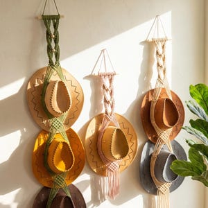 Macrame Cowboy Hat Holder, Vertical Boho Wall Art Organizer, Cotton Cord Storage