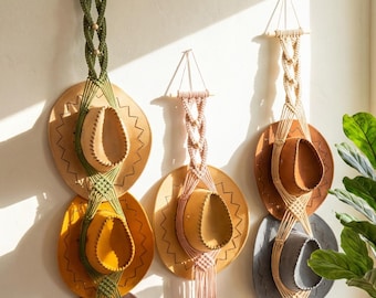 Macrame Cowboy Hat Holder, Vertical Boho Wall Art Organizer, Cotton Cord Storage