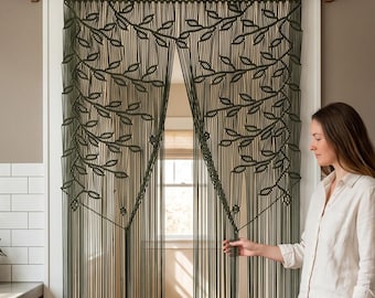 Dark Green Macrame Leaf Doorway Curtain, Boho Room Divider, Forest Green Tapestry