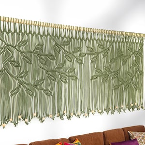 Olive Green Macrame Window Valance, Boho Leaf Design, Custom Width