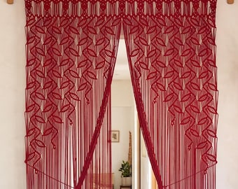Maroon Red Macrame Door Curtain, Botanical Leaf Boho Doorway Tapestry & Room Divider