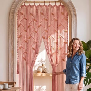 Long Pink Macrame Archway Curtain, Elegant Boho Space Divider, Extra Large Botanical Wall Tapestry