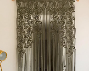 Olive Green Macrame Door Curtain, Botanical Leaf Pergola Privacy Screen & Boho Room Divider