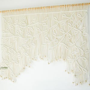 Cortina de cozinha em macramê creme, cortina boho para janela, arte em corda de algodão