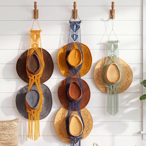 Macrame Wide Brim Hat Hanger, Cotton Cap Holder for Wall Decor, Boho Home Organizer