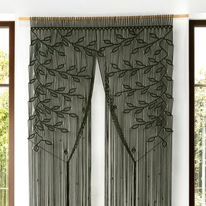 Dark Green Macrame Doorway Curtain, Large Forest Green Botanical Leaf Room Divider, Boho Backdrop, Window Drape