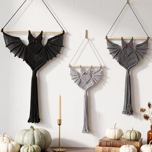 Gothic Halloween Decor, Macrame Bat Wall Hanging, Spooky Boho Gothic Tapestry