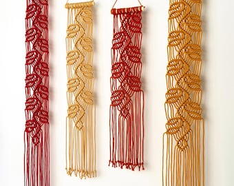 Red Mustard Macrame Wall Hanging Collection, Botanical Fiber Art Pillars, Boho Decor