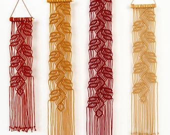 Burgundy Maroon Narrow Wall Hangings, Autumn Ember Macrame Pillar Set, Handcrafted Botanical Leaf Tapestry