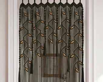 Dark Green Macrame Closet, Passage Curtain with Latte Leaf Accents, Handcrafted Fiber Art Window Drape