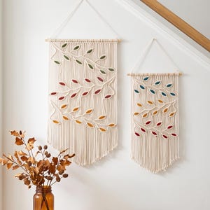 Vertical Flag Macrame Leaf Wall Hanging, Trio Boho Wall Tapesties, Interior Narrow Stairway Decoration