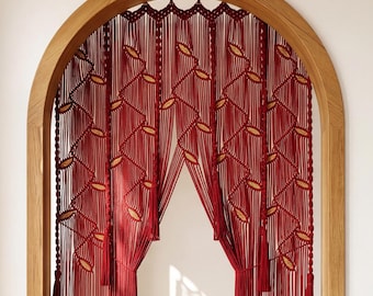 Burgundy Maroon Large Archway Curtain, Long Stair Closet Cover, Macrame Leaf Space Divider