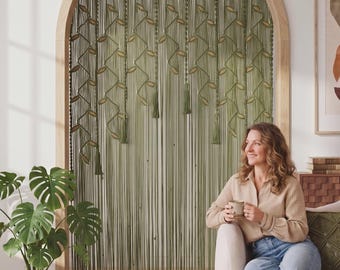 Olive Green Macrame Arch Hanging, Hand-Knotted Door Divider with Leaf Motifs