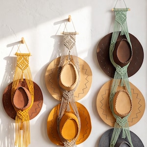 Macrame Cowboy Hat Holder, Boho Western Wall Organizer, Cotton Rope Hat Rack