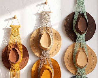 Macrame Cowboy Hat Holder, Boho Western Wall Organizer, Cotton Rope Hat Rack