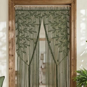 Olive Green Boho Macrame Doorway Curtain, Floor Length Leaf Pattern Room Divider, Earthy Cottagecore Archway Drape