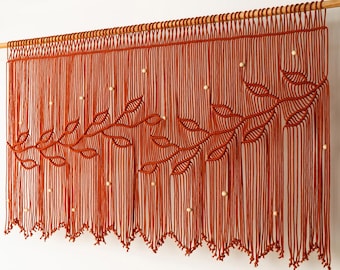 Terracotta Macrame Leaf Window Curtain, Rustic Overhead Board Wall Tapestry, Earthy Wood Beads Curtain