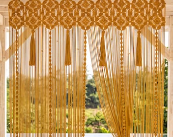 Mustard Yellow Macrame Curtain, Large Scalloped Window, Sliding Glass Door Drape, Boho Room Divider