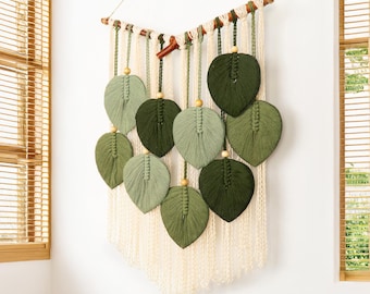 Colgante de pared con hojas de macramé: decoración rústica bohemia con hojas verdes