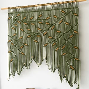 Olive Green Latte Macrame Wall Hanging, Boho Window Valance, Rustic Living Room Wall Art